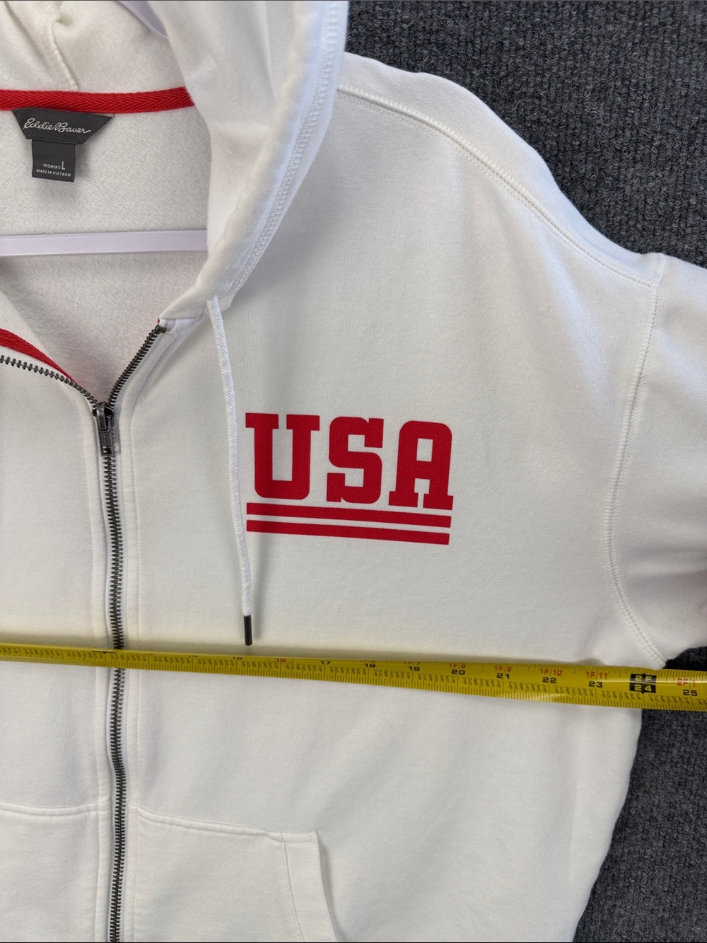 Eddie Bauer White USA Zip Hoodie with Red & Navy Star Accents Women’s Large - Picture 10 of 11